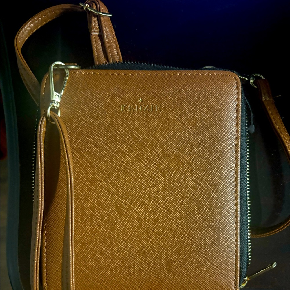 Kedzie Best Little Bag Saffiano Vegan Leather Vertical Crossbody Brown